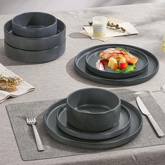 Herogo 16 Piece Plates and Bowls Set, Ceramic Dinnerware Sets with Pasta Bowls, Kitchen Dinner Ware Dishes Service for 4, Chip & Scratch Resistant Dishware, Dark Gray