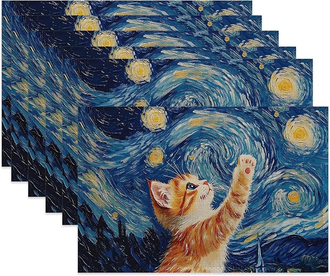 Cute Cat Cloth Placemats,Blue Starry Sky Heat-Resistant Table Placemats Set of 6, Washable Linen Place Mats for Dining Room Table Decor Home Restaurant Cafes Holiday Party 11.8x17.7 Inch