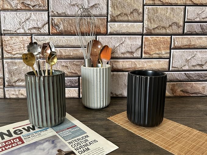 TOPYOKK Stoneware Coffee Bar Utensil Holder Tea & Coffee Spoon & Stirrer Holder for Stir Stick Straw Teaspoon Holder Espresso Spoon Cup Small Utensil Jar Fluted Vertical Stripe (Matte Black)