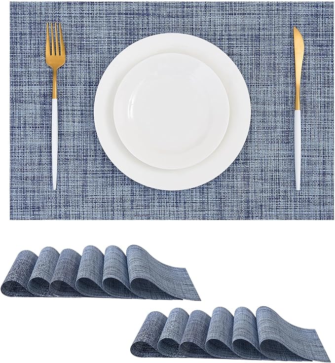 Leetaltree Deep Navy Woven Placemats Set of 12 - Heat Resistant Non-Slip Place mats for Dining Table, Washable Durable PVC Vinyl Woven Table Mats(Deep Navy, 12)