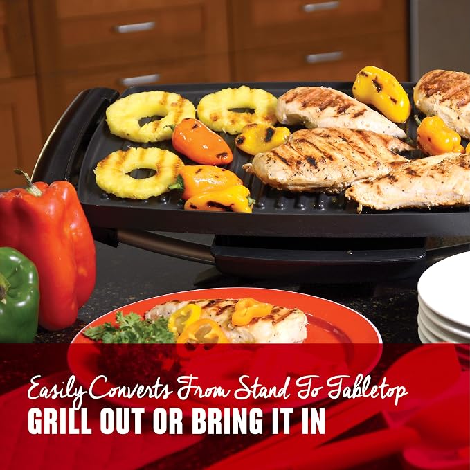 George Foreman Indoor/Outdoor Electric Grill with Stand | Indoor or outdoor electric grill with nonstick surface, 5 heat settings and fat-removing drip tray for healthier grilling.