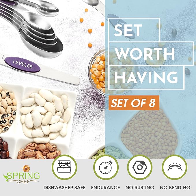 Spring Chef Stainless Steel Magnetic Measuring Spoons Set of 8, Purple | Metal Teaspoon & Tablespoon Measuring Spoons w/ Leveler for Dry & Liquid Ingredients, Measure Spoons for Baking & Cooking