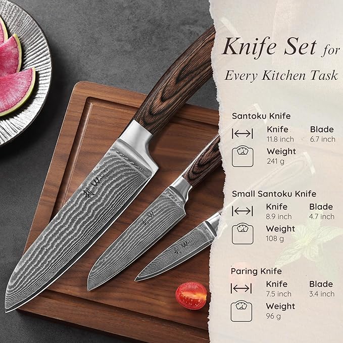 Wakoli EDIB 3-Piece Damascus Kitchen Knife Set in Wooden Gift Box | VG10 Core, 67-Layer Genuine Damascus Steel, 60 ± 2 HRC, Santoku, Utility and Paring Knife, Pakkawood Handles