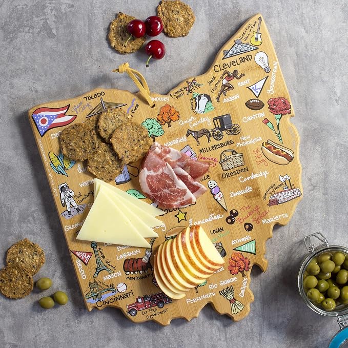 Totally Bamboo Ohio State Shaped Cutting Board, Art by Fish Kiss | State charcuterie board with colorful hand-drawn map artwork. Smooth reverse side for food prep. Hang tie for wall display.