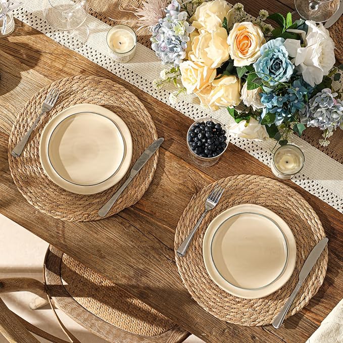 13.8'' Round Woven Placemats Set of 6, Boho Wicker Chargers, Terrekraft | Handmade from Natural Water Hyacinth, Heat-resistant & Non-slip Rattan Chargers, Rustic Farmhouse Decor, Party & Daily Dining