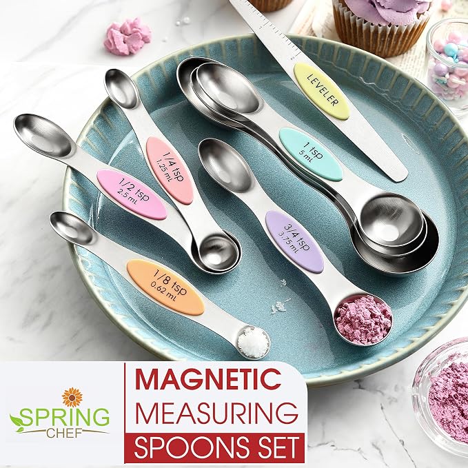 Spring Chef Stainless Steel Magnetic Measuring Spoons Set of 8, Pastel | Dual Sided Metal Teaspoon & Tablespoon Measuring Spoons with Leveler for Dry & Liquid Ingredients, Fits in Kitchen Spice Jars