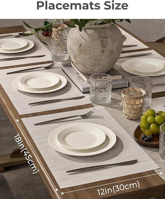 Leetaltree Pale Beige Placemats Set of 12 - Heat Resistant Non-Slip Place mats for Dining Table, Washable Durable PVC Vinyl Woven Table Mats（Pale Beige, 12）