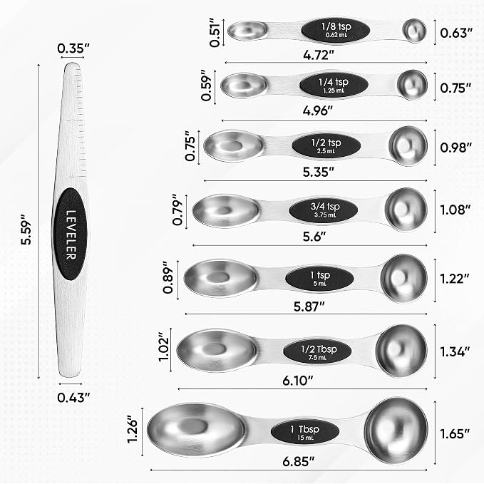 Spring Chef Stainless Steel Magnetic Measuring Spoons Set of 8, Black | Dual Sided Metal Teaspoon & Tablespoon Measuring Spoons with Leveler for Dry & Liquid Ingredients, Nesting, Dishwasher Safe