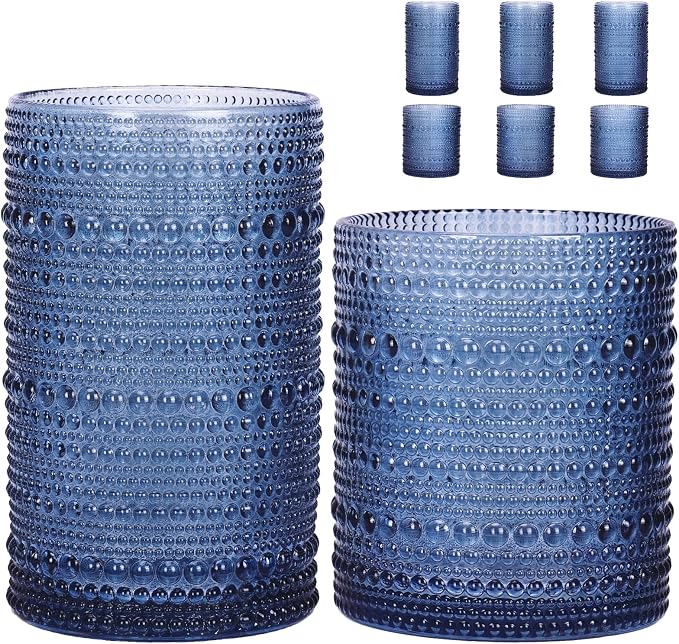 Moretoes Blue Hobnail Drinking Glasses Set of 6, Vintage Glass Cups | 12 Oz Highball Glasses & 10 Oz Cocktail Glasses Embossed Boho Kitchen Bar Tumbler Glassware for Whiskey Beer Juice Milk
