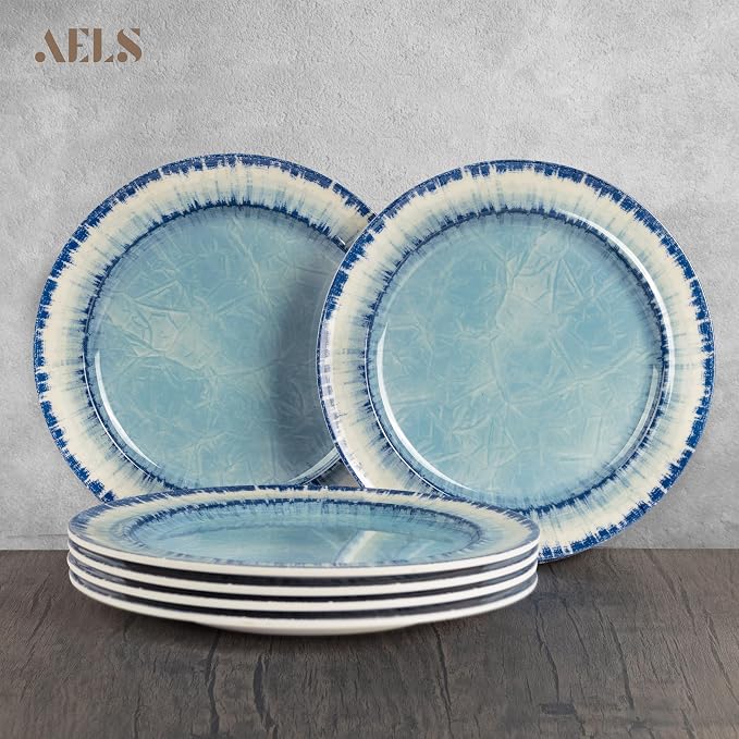 Melamine Salad Plates Set of 6, 11 inch Serving Dishes for Indoor and Outdoor Use, Dishwasher Safe, Lightweight Unbreakable, BPA Free, Light Blue