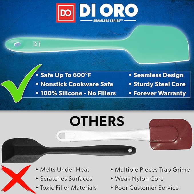 DI ORO Silicone Spatula Set - 600F Heat Resistant, 3-Pc Mint | Rubber scraper won't scratch nonstick pans; For baking, cooking, mixing, and frosting; BPA-free and dishwasher safe