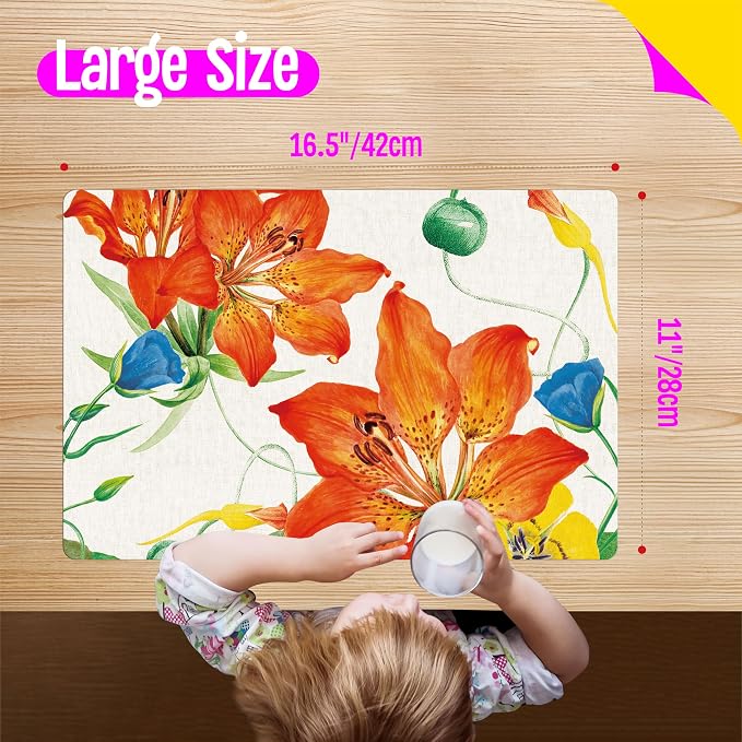6 Pack Elegant Placemats, Non-Slip Washable, Reusable Placemat - Plants, Flowers Birds, Nature Theme Placemats for Home, Office, Restaurant, Dining Table, Adults, Kids,