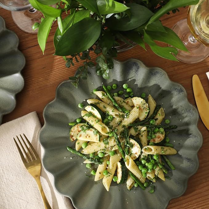 Gibson Elite Bistro Fleur Plates and Bowls Sets, 12-Piece Stoneware Dinnerware Set for 4, Matte Green Scalloped Dish Set with Dinner Plates, Salad Plates & Bowls