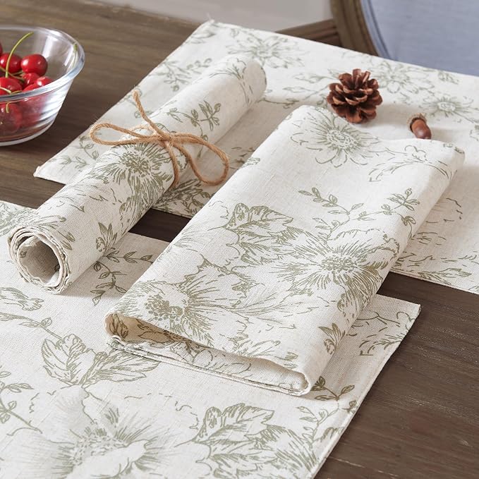 JINCHAN Alice Linen Floral Placemats Set of 4 Farmhouse 13x19 Inch Green | Fabric Placemats, Cottage Style, Floral Line Art, Machine Washable, Easy to Store, Reusable