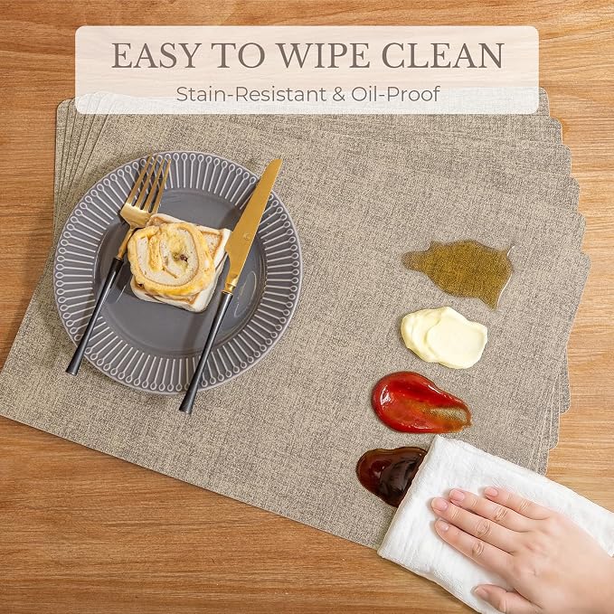 Romanstile Vinyl Placemats Set of 4-12 X 17 Inch - Faux Leather 100% Waterproof Wipeable Anti Slip Place Mats, Heat Resistant Reversible PU Table Mats for Kitchen Dining Party Outdoor, Khaki
