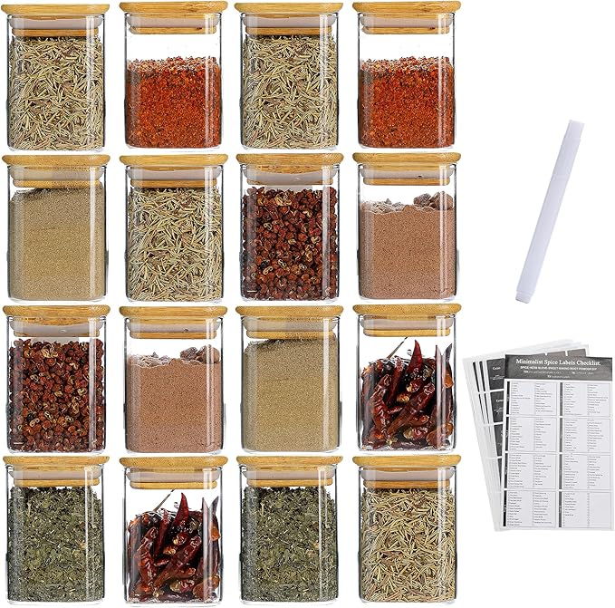 16Pcs 7oz Spice Jars Glass Container with 275 Labels | High Borosilicate Glass Seasoning Empty Organizer with Lids