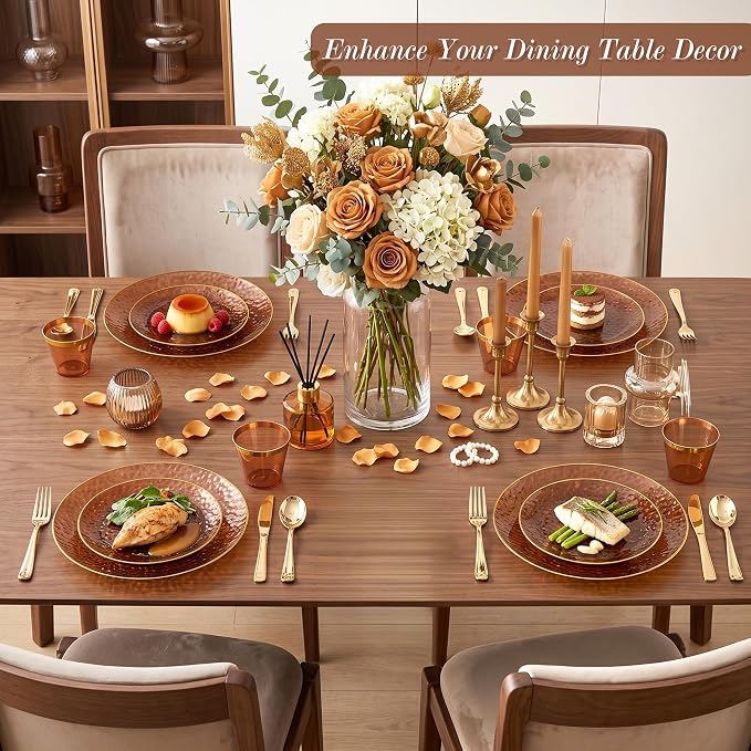 Rubtlamp 700Pcs Amber Gold Plastic Dinnerware Set, Hammered Clear Gold Plates, Fancy Plastic Plates Include 100 Dinner Platos, 100 Salad Platos, 100 Cups,100 Pack Pre Rolled gold plastic Silverware