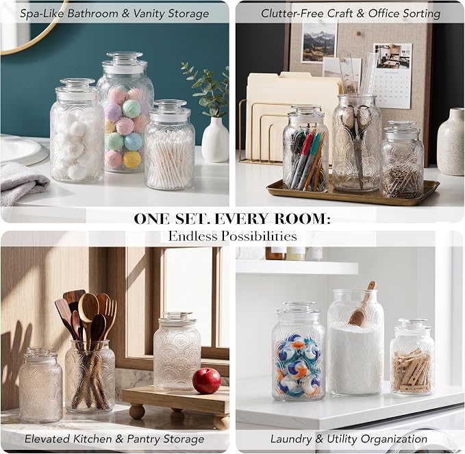 Style Setter Canister Set 3-Piece Glass Jars in 34oz, 44oz & 54oz Retro Design Lids for Cookies, Candy, Coffee, Flour, Sugar, Rice, Pasta, Cereal & More