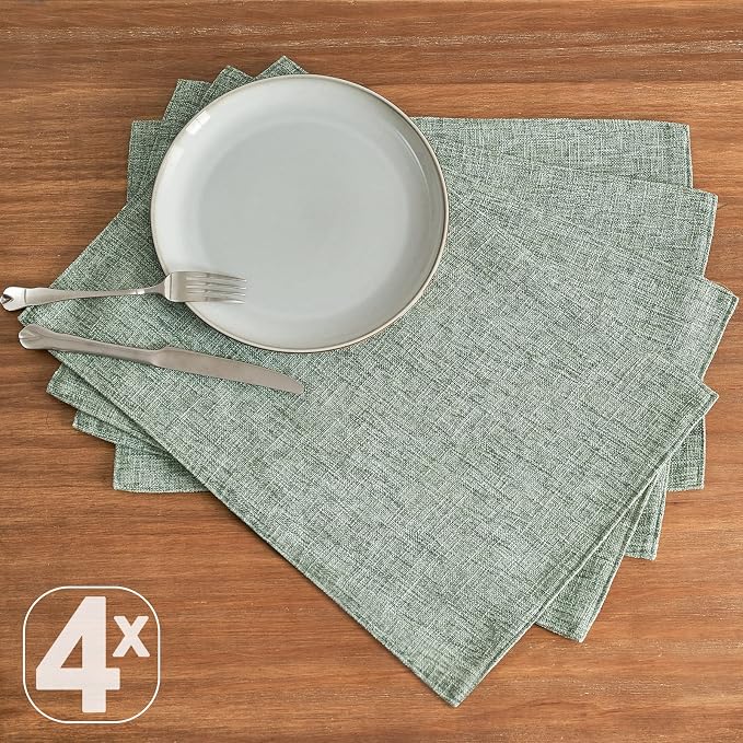 JINCHAN Linen Textured Placemats Set of 4 Farmhouse 13x19 Heathered Green | Fabric Placemats, Cottage Style, Double-Layer One-Piece Design, Reversible Solid Color, Machine Washable, Reusable