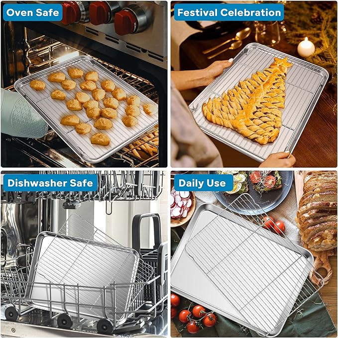 Herogo Large Stainless Steel Half Sheet Baking Pan with Rack Set, 18" x 13" x 1" Big Metal Baking Tray with Cooling Rack Set for Oven Roasting, Rust & Warp Resistant & Nonstick(1 Pans + 1 Racks)