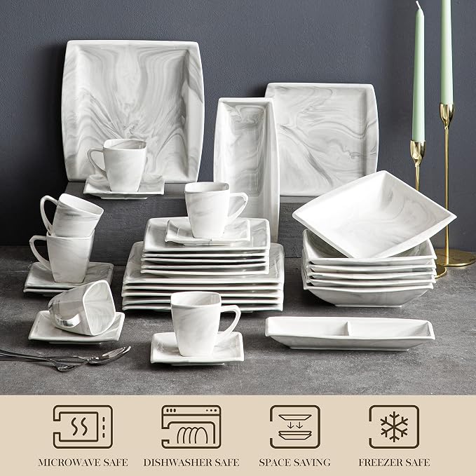 MALACASA Dinnerware Sets, 32 Pieces Porcelain Plates and Bowls Sets for 6, Marble Grey Dishes with Plates and Bowls, Cups and Saucers, Side Dish Plates, Square Dinner Set, Series Blance | Complete with Plates, Bowls, Cups, Saucers, Microwave Oven and D...