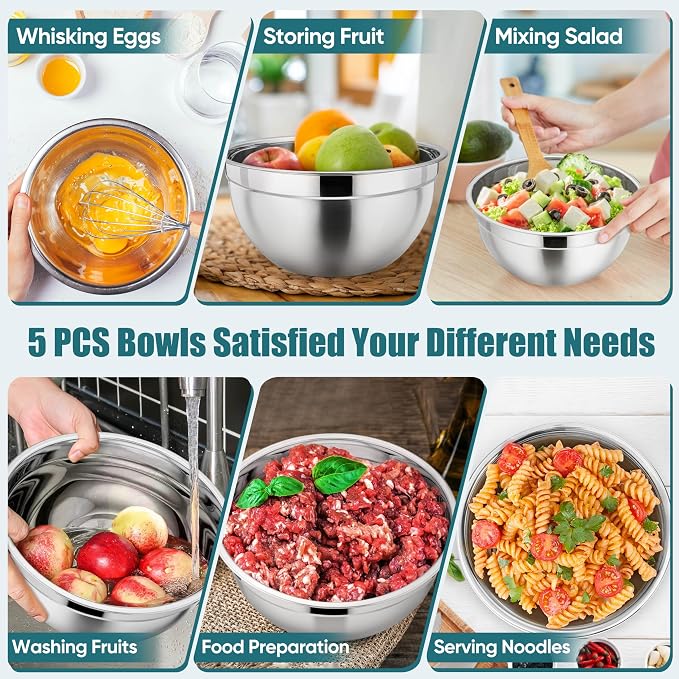 P&P CHEF Metal Mixing Bowls with Lids Set, Airtight Lids & Blue | 5 PCS Stainless Steel Mixing Nesting Bowls for Kitchen Prepping, Storing, Healthy & Easy Clean, Size 4.6, 3, 1.5, 1, 0.7 QT