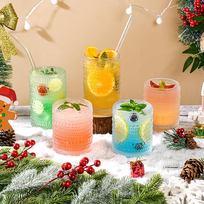 KMIGRUAN Hobnail Drinking Glasses Set of 12, 15Oz & 12Oz Cocktail Glasses | Clear Vintage Highball Glasses, Embossed Beaded Water Tumbler for Juice and Various Mixed Drinks, Kitchen Drinking Glasses