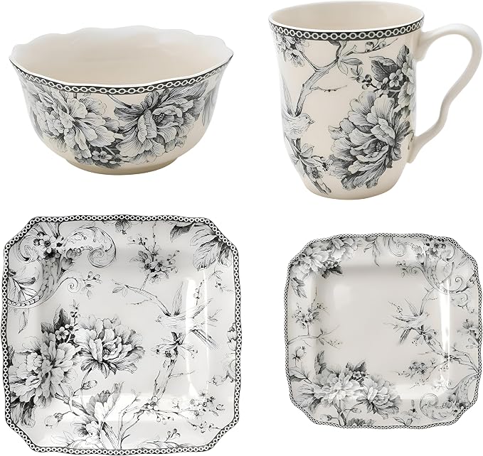 222 Fifth Adelaide Grey 16-Piece Floral Porcelain Dinnerware Set | Microwave and Dishwasher Safe Dining Set for 4 | Stackable and Chip-Resistant Plates Bowls and Cups | Gift for Housewarming & Wedding