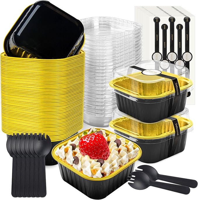 NPLUX Square Foil Cups with Lids, 50 Pack Black Gold 5oz for Weddings | Works for crumble cups, panna cotta, custard and snack servings; simple structure is easy to understand at a glance.