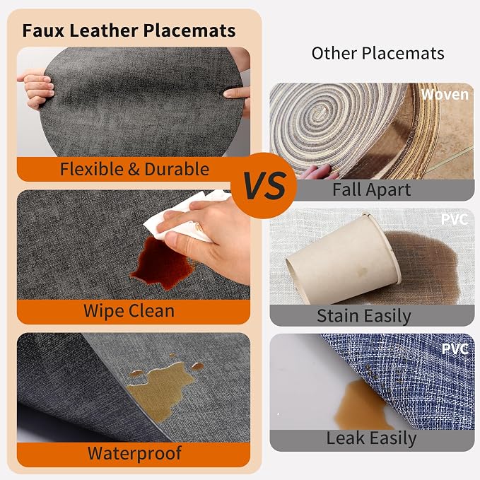 Maxpearl Faux Leather Round Placemats Set of 6, 13.8 inch, Dark Grey | Waterproof, Heat Resistant, Non Slip, Wipe Clean Dining Table Place Mats, Suitable for Indoor & Outdoor Use, Table Settings