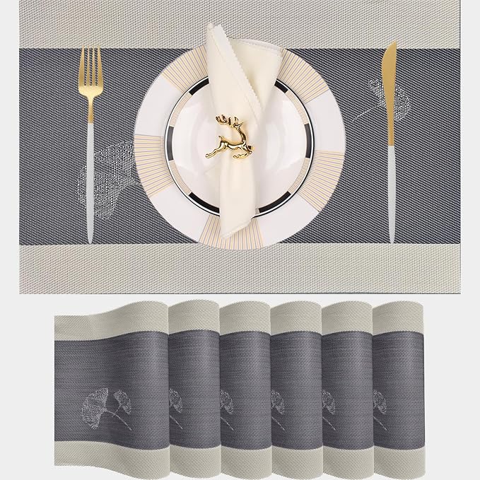 PIGCHCY Rustic Placemats Set of 6, Easy to Clean Placemats Washable Non-Slip Luxurious Durable Table Mats for Home/Dining Room Decoration (Black Gray,18 X 12 inches)
