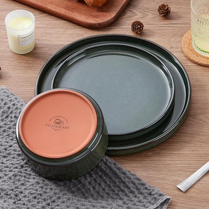 LIANYU Dinnerware Dishes Sets for 8, 24 Piece Plates and Bowls Dishware | Stoneware Modern Tableware Includes Ceramic Dinner Salad Plates, Cereal Bowls, Chip & Scratch Resistant, Hunter Green