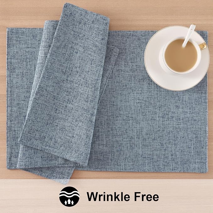 Faux Cotton Linen Placemats Set of 6, Cloth Washable Farmhouse Dining Table Mats for Indoors & Outdoors, Easy to Clean, Denim Blue, 13 x 19 Inch