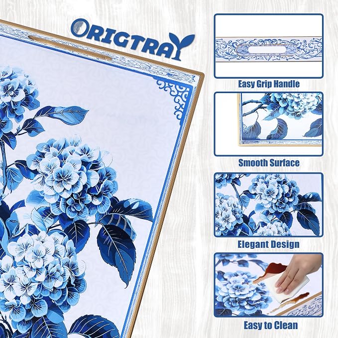 Serving Tray with Handles, Rectangular Plastic Tray 15.75x11.81 Inch, Decorative Tray for Kitchen, Dining Table, Vanity, Office & Home (Blue Hydrangea, 15.8" x 11.8" x 1.6")