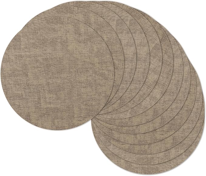 13" Round Placemats Set of 12, Reversible Faux Leather Wipeable Table Mats | 2mm Vinyl Heat Resistant Waterproof Oilproof Scratch Proof Non-Slip Washable for Kitchen Dining Indoor Outdoor (Light Coffee)