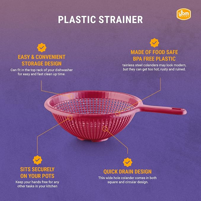 YBM Home 8.5 Inch Deep Plastic Strainer Colander with Long Handle – Made of Food Safe BPA-Free Plastic - Durable and Dishwasher Safe - Use for Pasta, Noodles, Spaghetti, Vegetables and More (1, White)