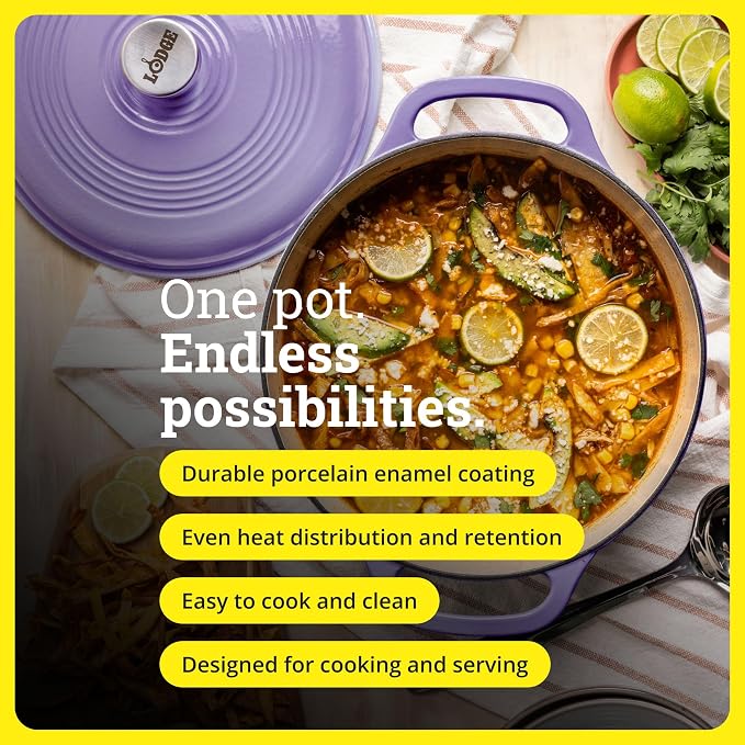 Lodge Essential Enamel Cast Iron Dutch Oven 6 Quarts - Perfect for Bread Baking, Braising, Marinating & Slow Cooking, Features Moisture-Sealing Lid & Dual Handles, Kitchen Essentials, Lilac