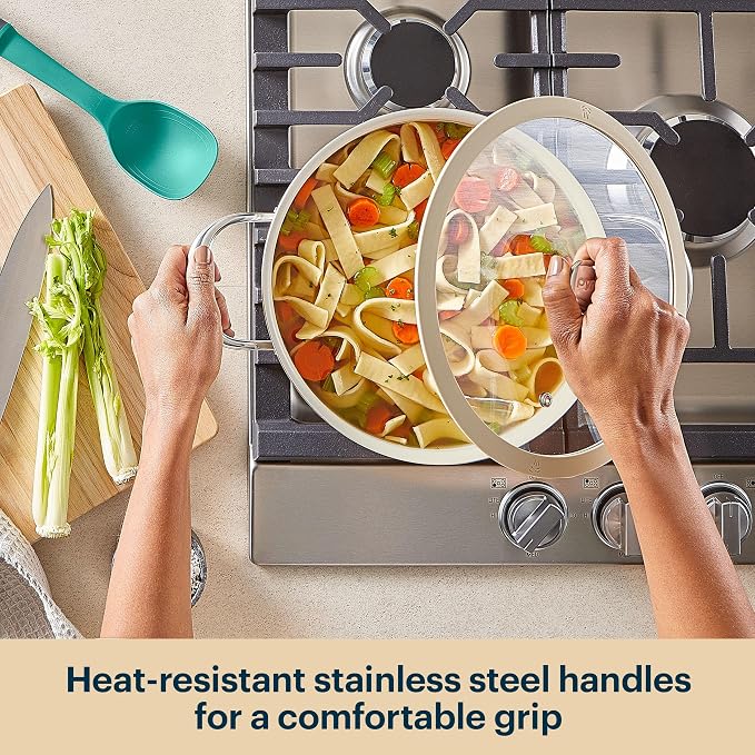 Pyrex 10-Inch Stock Pot Ceramic Cookware with Lid & Stainless Steel Handles | Healthy nonstick ceramic coating, induction compatible stainless steel, PFAS Lead Cadmium BPA Free
