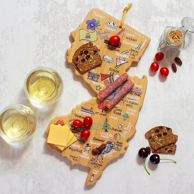 Totally Bamboo New Jersey State Shaped Cutting Board, Art by Fish Kiss | State charcuterie board with colorful hand-drawn map artwork. Smooth reverse side for food prep. Hang tie for wall display.