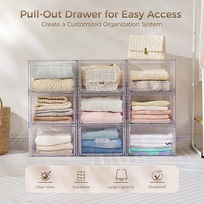 Vtopmart 9 Pack Clear Stackable Storage Drawers 15QT | Easily Assemble Closet Organizers,Plastic Storage Bins for Bathroom,Cabinet,Kitchen Pantry,Under Sink Organization(Medium)