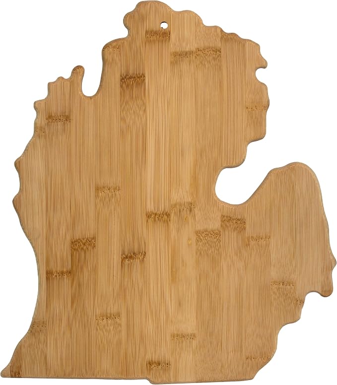 Totally Bamboo Michigan State Shaped Bamboo Serving & Cutting Board | State charcuterie board with natural bamboo grain. Knife-friendly surface for food prep. Hang tie for wall display.