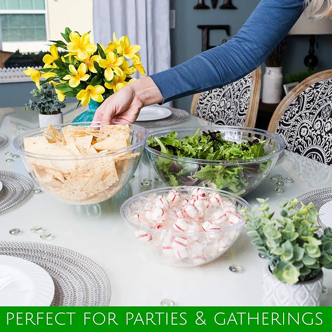 PLASTICPRO Disposable Round Crystal Clear Serving Bowls With Lids 2 Sets