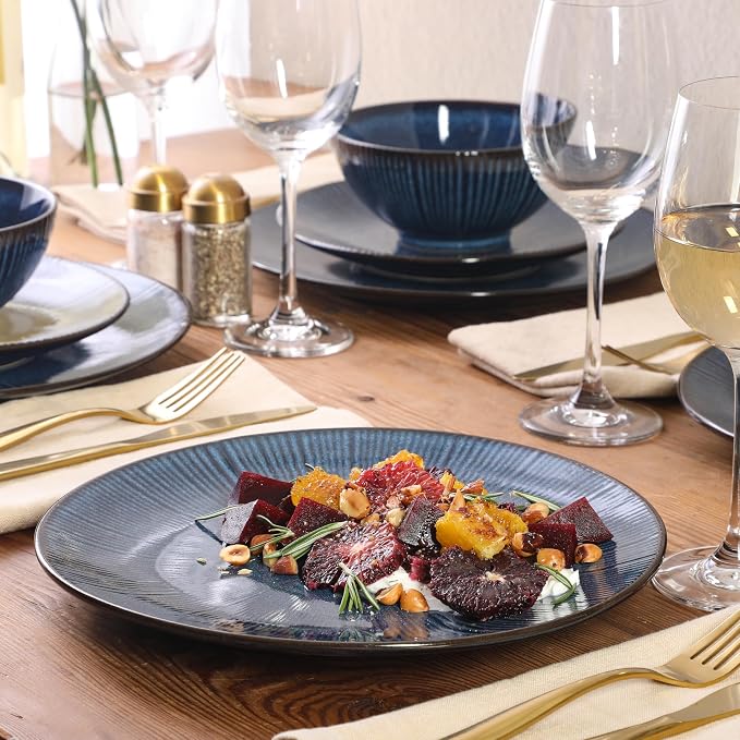 Gibson Elite Midnight Lune Plates and Bowls Sets, 12-Piece Stoneware Dinnerware Sets, Reactive Glaze Dish Set - Blue