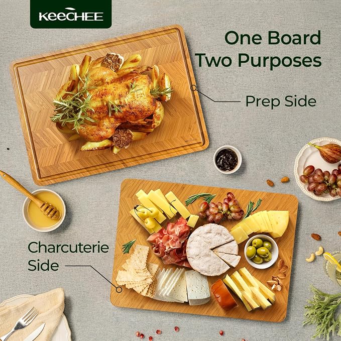 Keechee Bamboo Cutting Board, Reversible Wood Cutting Boards for Kitchen with Juice Grooves, Atelier Collection Handcrafted Large Serving Tray, Luxury Housewarming Wedding Gifts for New Home