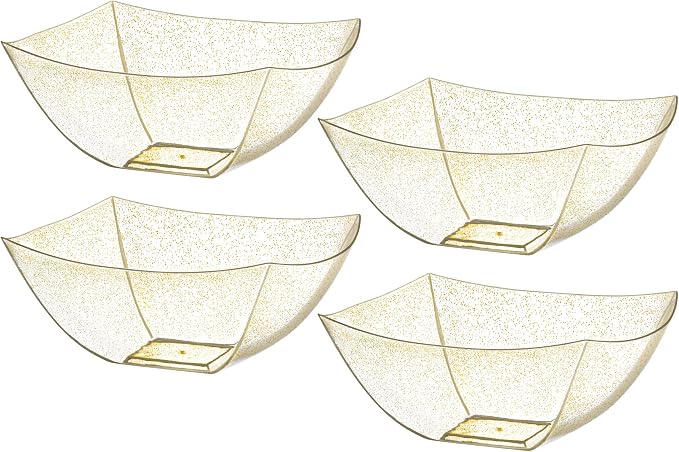4 Pack Disposable Gold Plastic Serving Bowls Square Party Candy Use 16oz | Square Design. Disposable Party Tableware. Salad, Fruit & Candy Use. Candy Buffet Containers. Gold Plastic.