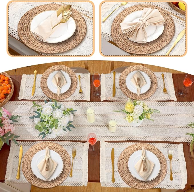 6 Sets Boho Decoration Placemats Round Woven Placemats, Cloth Napkins, Wood Bead Napkin Rings, Long Table Runner and Farmhouse Burlap Cotton for Table Kitchen (White,12x72)