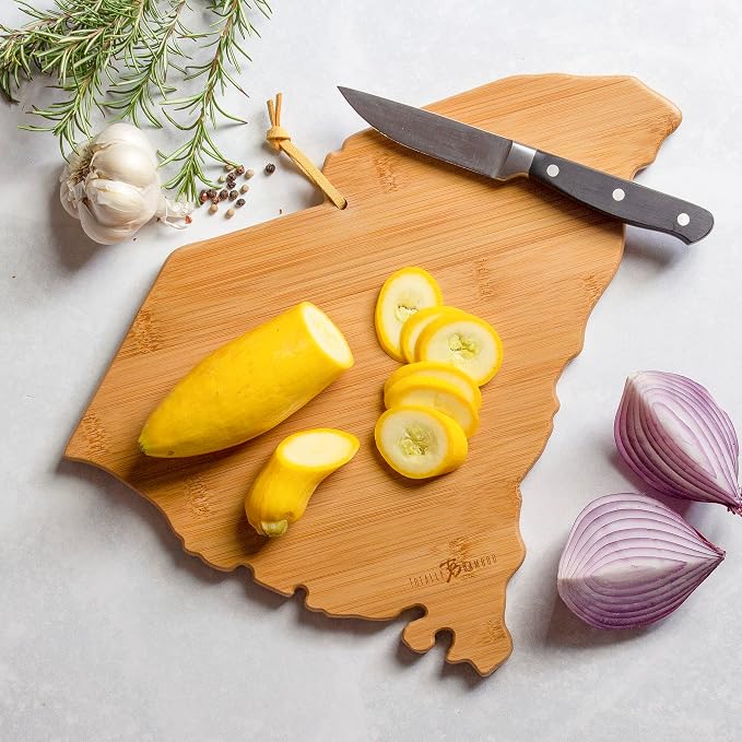 Totally Bamboo South Carolina State Shaped Cutting Board, Art by Fish Kiss | State charcuterie board with colorful hand-drawn map artwork. Smooth reverse side for food prep. Hang tie for wall display.