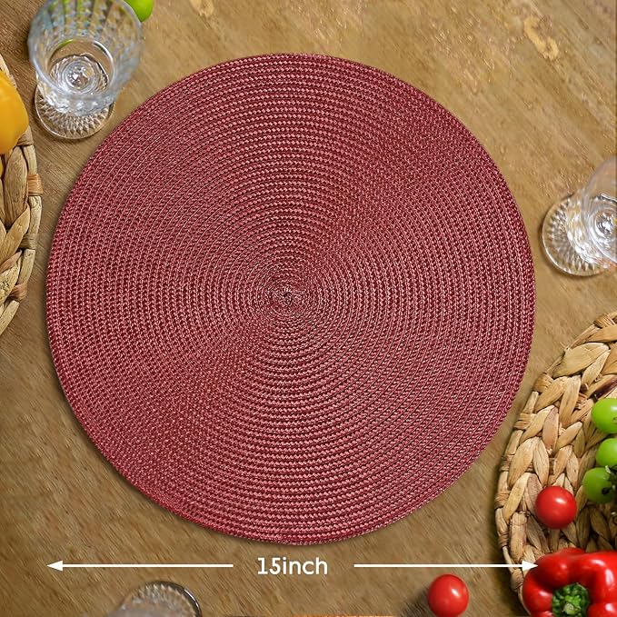 FunWheat Round Braided Placemats Set of 4 Table Mats for Dining Tables Woven Washable Non-Slip Place mats 15 inch(Wine,4pcs)