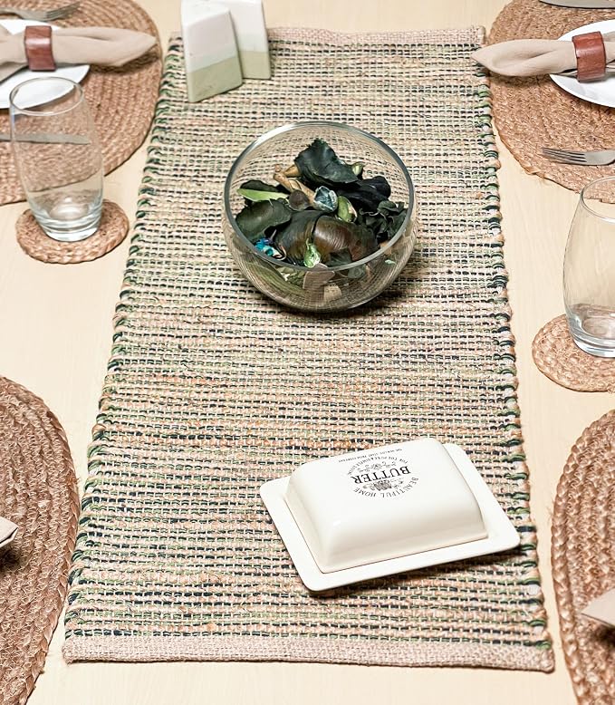 Chardin Natural Jute Table Runner, 13x36 Inch | Home, Vintage Boho Rustic Decor, Handwoven, Green, Farmhouse Dining or Console Table Accent