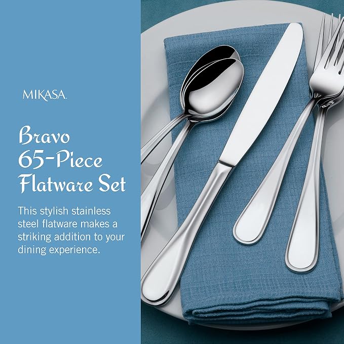 Mikasa Bravo 65-Piece Flatware Set, Service for 12, 18/10 Stainless Steel Silverware with Mirror Finish, Includes 5 Serving Utensils, Dishwasher Safe (Pack of 2)